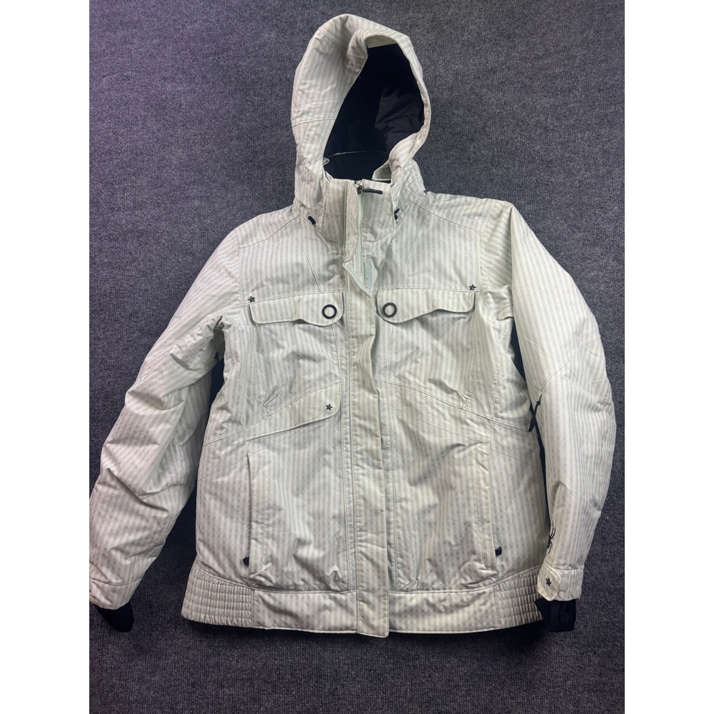 Spyder Ski Jacket Womens XL Green Pinstripe Hooded Insulated Winter Coat‎
